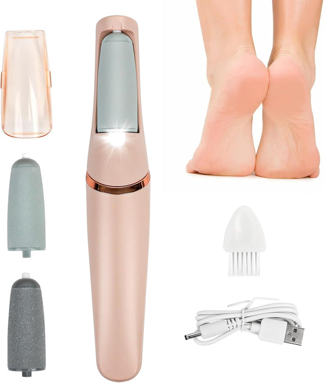 Râpe électrique rose pour pieds avec deux rouleaux, capot, câble USB et brosse de nettoyage